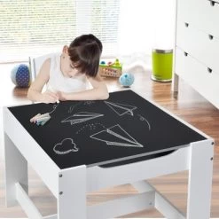 Costway Kids Table Chairs Set With Storage Boxes Blackboard Whiteboard Drawing GreyNature