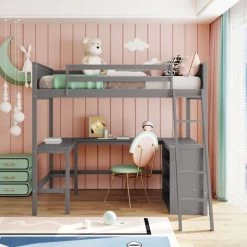 Full Size Wooden Loft Bed With Shelves And Desk - ModernLuxe