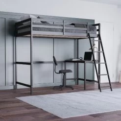 Emma And Oliver Twin Wood Loft Bed Frame With Protective Guardrails And Integrated Desk And Ladder For Use With Any 6-8" Thick Mattress