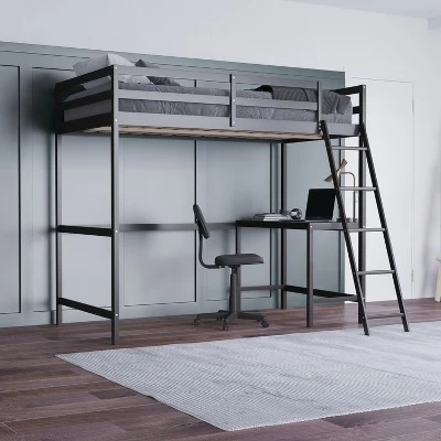Emma And Oliver Twin Wood Loft Bed Frame With Protective Guardrails And Integrated Desk And Ladder For Use With Any 6-8" Thick Mattress 1 Emma And Oliver Twin Wood Loft Bed Frame With Protective Guardrails And Integrated Desk And Ladder For Use With Any 6-8" Thick Mattress
