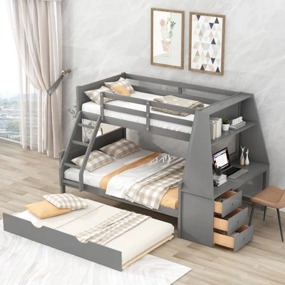 Twin Over Full Bunk Bed With Trundle, Built-in Desk, Three Storage Drawers And Shelf-ModernLuxe 1 Twin Over Full Bunk Bed With Trundle, Built-in Desk, Three Storage Drawers And Shelf-ModernLuxe