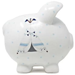 Bank Blue Bohemian Piggy Bank - One Piggy Bank 7.5 Inches - Arrows Tent Tepee - 36911 - Ceramic - White