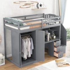 Twin Size Loft Bed With Wardrobe, Staircase, Desk And Storage Drawers - ModernLuxe