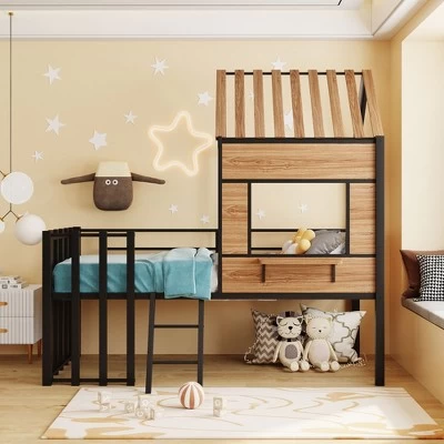 Metal Twin Size Loft Bed With Roof, Windows, Railing And Ladder - ModernLuxe 1 Metal Twin Size Loft Bed With Roof, Windows, Railing And Ladder - ModernLuxe