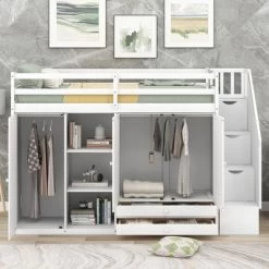 Functional Twin Loft Bed With 3 Shelves, 2 Wardrobes, 2 Drawers And Ladder With Storage-ModernLuxe