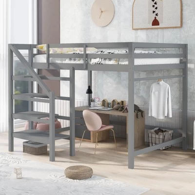 Full Size Loft Bed With Staircase And Safety Guardrails Gray/White-ModernLuxe 13 Full Size Loft Bed With Staircase And Safety Guardrails Gray/White-ModernLuxe - Image 13
