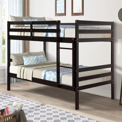 Costway Twin Over Twin Wood Bunk Beds Ladder Safety Rail EspressoWhite 7 Costway Twin Over Twin Wood Bunk Beds Ladder Safety Rail EspressoWhite - Image 7