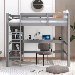 Full Size Loft Bed With Multifunction Shelves And Under-Bed Desk - ModernLuxe