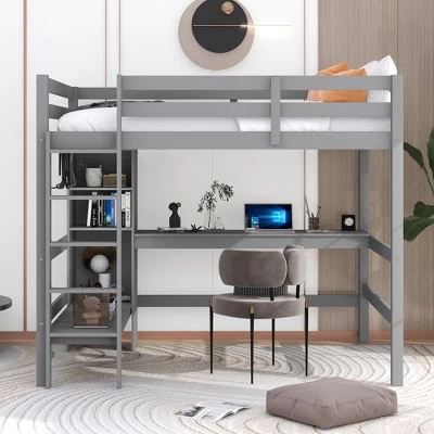 Full Size Loft Bed With Multifunction Shelves And Under-Bed Desk - ModernLuxe 1 Full Size Loft Bed With Multifunction Shelves And Under-Bed Desk - ModernLuxe