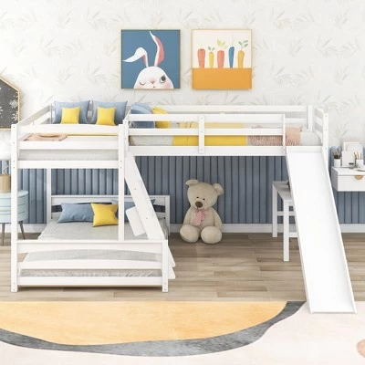 Twin Over Full Bunk Bed With Twin Size Loft Bed With Desk, Slide And Full Length Rail - ModernLuxe 1 Twin Over Full Bunk Bed With Twin Size Loft Bed With Desk, Slide And Full Length Rail - ModernLuxe