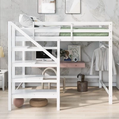 Full Size Loft Bed With Staircase And Safety Guardrails Gray/White-ModernLuxe 1 Full Size Loft Bed With Staircase And Safety Guardrails Gray/White-ModernLuxe