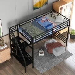 Metal Twin Size Loft Bed With Desk, Black - ModernLuxe