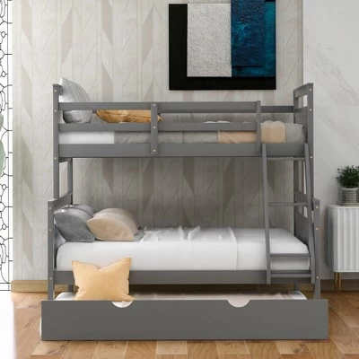 Twin Over Full Bunk Bed With Twin Size Trundle Bed, Ladder And Guardrail-ModernLuxe 1 Twin Over Full Bunk Bed With Twin Size Trundle Bed, Ladder And Guardrail-ModernLuxe