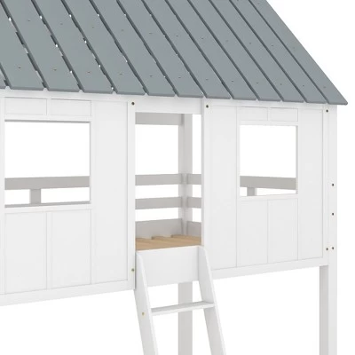 Twin Over Twin Low Bunk Beds With House Shaped Roof And Guardrail, White-ModernLuxe 9 Twin Over Twin Low Bunk Beds With House Shaped Roof And Guardrail, White-ModernLuxe - Image 9