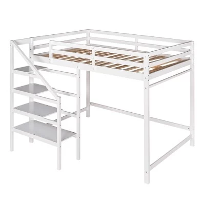 Full Size Loft Bed With Staircase And Safety Guardrails Gray/White-ModernLuxe 3 Full Size Loft Bed With Staircase And Safety Guardrails Gray/White-ModernLuxe - Image 3