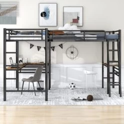 Metal Twin Size Loft Bed With Two Built-in Desks, Black - ModernLuxe