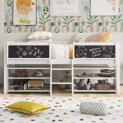 Twin Size Low Loft Bed With Two Removable Shelves, Ladder And Decorative Rail Chalkboard - ModernLuxe