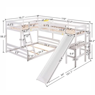 Twin Over Full Bunk Bed With Twin Size Loft Bed With Desk, Slide And Full Length Rail - ModernLuxe 2 Twin Over Full Bunk Bed With Twin Size Loft Bed With Desk, Slide And Full Length Rail - ModernLuxe - Image 2