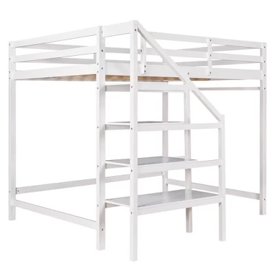 Full Size Loft Bed With Staircase And Safety Guardrails Gray/White-ModernLuxe 9 Full Size Loft Bed With Staircase And Safety Guardrails Gray/White-ModernLuxe - Image 9