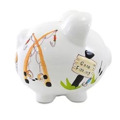 Bank Gone Fishing Pig Bank - One Bank 7.75 Inches - Net Rod Reel Save - 36870 - Ceramic - Multicolored