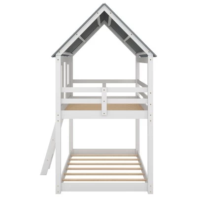 Twin Over Twin Low Bunk Beds With House Shaped Roof And Guardrail, White-ModernLuxe 7 Twin Over Twin Low Bunk Beds With House Shaped Roof And Guardrail, White-ModernLuxe - Image 7