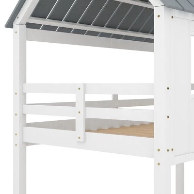 Twin Over Twin Low Bunk Beds With House Shaped Roof And Guardrail, White-ModernLuxe 11 Twin Over Twin Low Bunk Beds With House Shaped Roof And Guardrail, White-ModernLuxe - Image 11