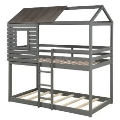 Twin Over Twin Wood Bunk Bed With Roof, Window, Guardrail, Ladder Gray-ModernLuxe -Professional Childrens Furniture Store GUEST 92315a95 ed0e 496c 93fe 63415b3cdbb8