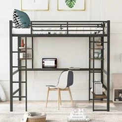 Full Size Metal Loft Bed With Long Desk And Shelves, Black - ModernLuxe