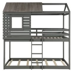 Twin Over Twin Wood Bunk Bed With Roof, Window, Guardrail, Ladder Gray-ModernLuxe -Professional Childrens Furniture Store GUEST 96395e89 67eb 4c46 81b4 c3f328521051