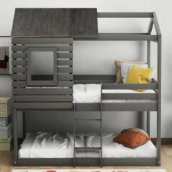 Twin Over Twin Wood Bunk Bed With Roof, Window, Guardrail, Ladder Gray-ModernLuxe