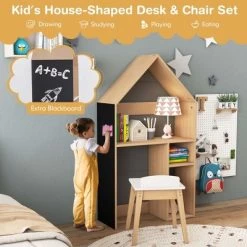 Costway Kids House-Shaped Table & Chair Set Wooden Toy Organizer Cabinet With Blackboard Grey/White -Professional Childrens Furniture Store GUEST a7683240 6b81 47d5 b72c 77b86677c9d0