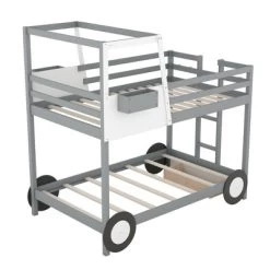 Twin Over Twin Car-Shaped Bunk Bed With Wheels, Drawers And Shelves, Gray - ModernLuxe -Professional Childrens Furniture Store GUEST b5b90a4a 18e1 4662 87fe 773aafff60f7
