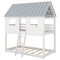 Twin Over Twin Low Bunk Beds With House Shaped Roof And Guardrail, White-ModernLuxe 14 Twin Over Twin Low Bunk Beds With House Shaped Roof And Guardrail, White-ModernLuxe -Professional Childrens Furniture Store GUEST bd7f0bb8 5c84 4939 9f57 343b13d1d4f6