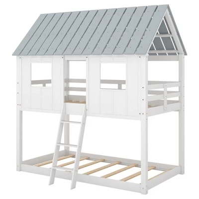 Twin Over Twin Low Bunk Beds With House Shaped Roof And Guardrail, White-ModernLuxe 3 Twin Over Twin Low Bunk Beds With House Shaped Roof And Guardrail, White-ModernLuxe - Image 3