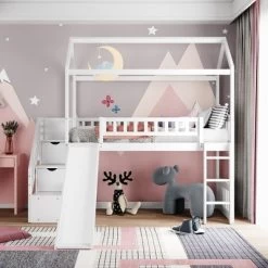 Twin Size House Shape Loft Bed With Two Drawers And Slide - ModernLuxe