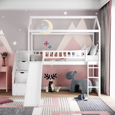 Twin Size House Shape Loft Bed With Two Drawers And Slide - ModernLuxe 1 Twin Size House Shape Loft Bed With Two Drawers And Slide - ModernLuxe
