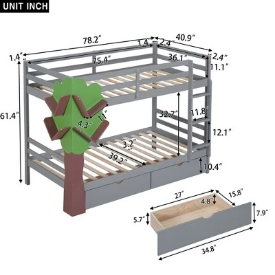 Twin-Over-Twin Bunk Bed With A Tree Decor And Two Storage Drawers-ModernLuxe 2 Twin-Over-Twin Bunk Bed With A Tree Decor And Two Storage Drawers-ModernLuxe - Image 2