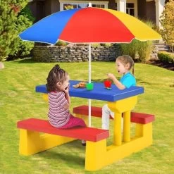 Costway Kids Picnic Table Set W/Removable Umbrella Indoor Outdoor Garden Patio