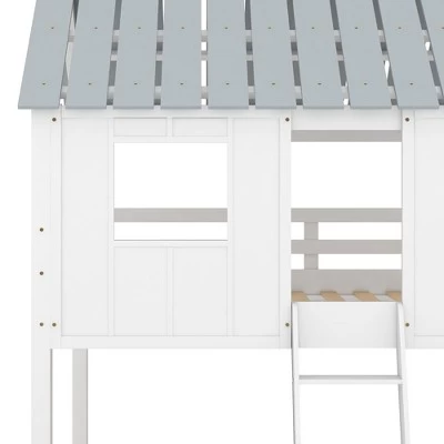 Twin Over Twin Low Bunk Beds With House Shaped Roof And Guardrail, White-ModernLuxe 10 Twin Over Twin Low Bunk Beds With House Shaped Roof And Guardrail, White-ModernLuxe - Image 10