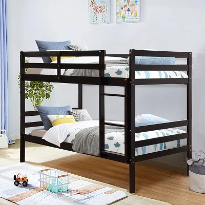 Costway Twin Over Twin Wood Bunk Beds Ladder Safety Rail EspressoWhite 2 Costway Twin Over Twin Wood Bunk Beds Ladder Safety Rail EspressoWhite - Image 2