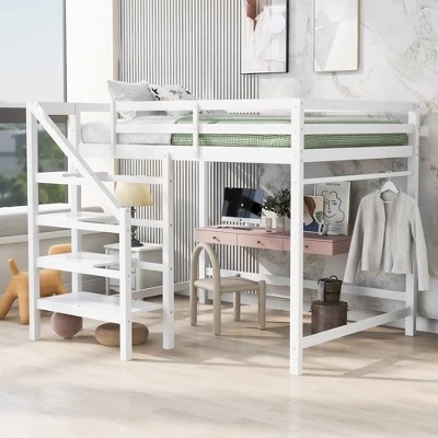 Full Size Loft Bed With Staircase And Safety Guardrails Gray/White-ModernLuxe 12 Full Size Loft Bed With Staircase And Safety Guardrails Gray/White-ModernLuxe - Image 12