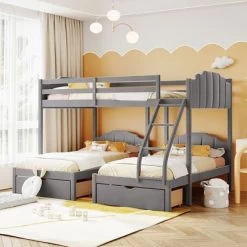 Full Over Twin & Twin Bunk Bed, Velvet Triple Bunk Bed With Drawers And Guardrails-ModernLuxe