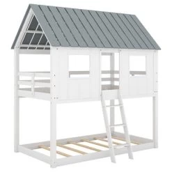 Twin Over Twin Low Bunk Beds With House Shaped Roof And Guardrail, White-ModernLuxe 17 Twin Over Twin Low Bunk Beds With House Shaped Roof And Guardrail, White-ModernLuxe -Professional Childrens Furniture Store GUEST da75c7d1 0489 4840 9a27 b2dcb4a10db2