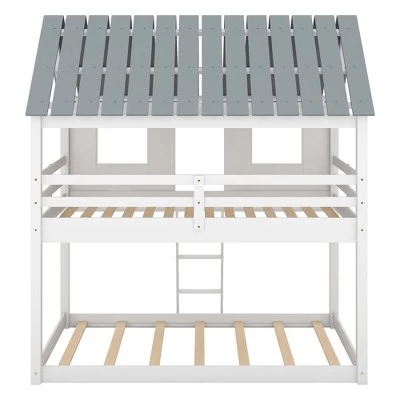 Twin Over Twin Low Bunk Beds With House Shaped Roof And Guardrail, White-ModernLuxe 8 Twin Over Twin Low Bunk Beds With House Shaped Roof And Guardrail, White-ModernLuxe - Image 8