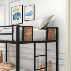 Twin Over Twin Metal Bunk Bed With Ladder And Full-Length Guardrail, Black-ModernLuxe -Professional Childrens Furniture Store GUEST eb24655b 98d1 48c7 a8cc 3cca6c6401b3