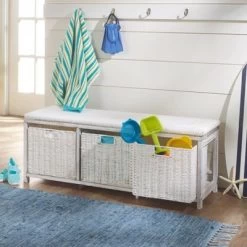 Badger Basket Kid's Storage Bench With Woven Top And Baskets White