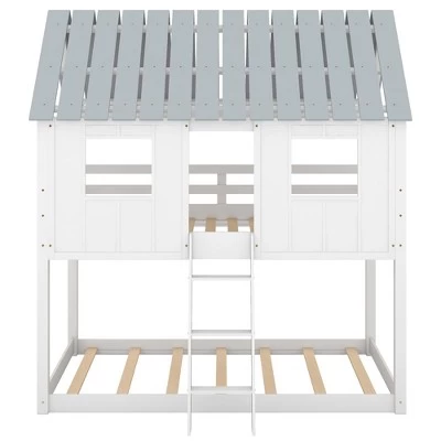 Twin Over Twin Low Bunk Beds With House Shaped Roof And Guardrail, White-ModernLuxe 4 Twin Over Twin Low Bunk Beds With House Shaped Roof And Guardrail, White-ModernLuxe - Image 4