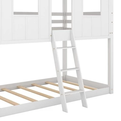 Twin Over Twin Low Bunk Beds With House Shaped Roof And Guardrail, White-ModernLuxe 12 Twin Over Twin Low Bunk Beds With House Shaped Roof And Guardrail, White-ModernLuxe - Image 12