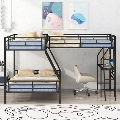 Twin Over Full Metal Bunk Bed With Twin Size Loft Bed And Desk, Black - ModernLuxe 2 Twin Over Full Metal Bunk Bed With Twin Size Loft Bed And Desk, Black - ModernLuxe - Image 2