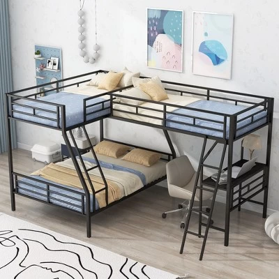 Twin Over Full Metal Bunk Bed With Twin Size Loft Bed And Desk, Black - ModernLuxe 1 Twin Over Full Metal Bunk Bed With Twin Size Loft Bed And Desk, Black - ModernLuxe